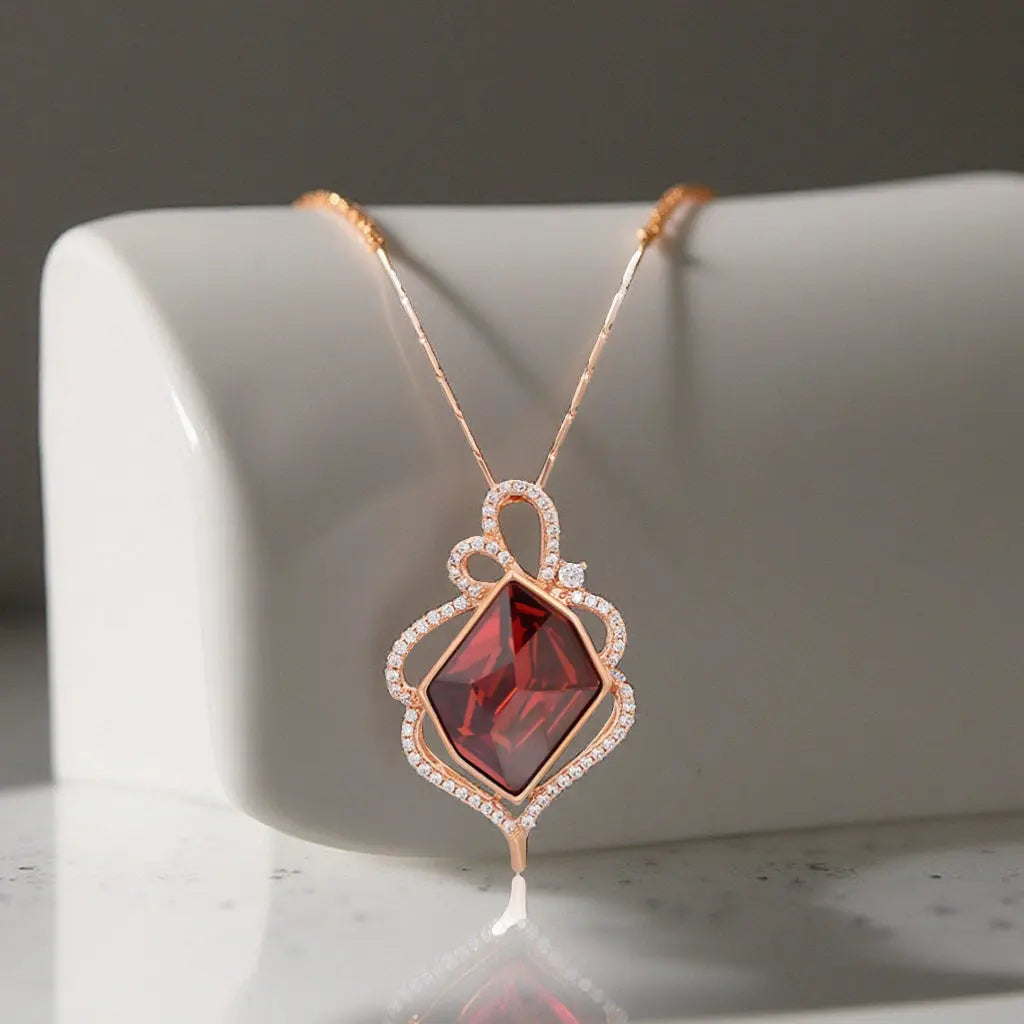 Garnet Crystal Rose Gold Necklace – 14K Plated